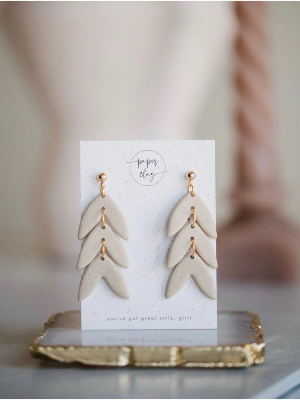 Beige Layered Leaf Drop Earrings with Gold Accents